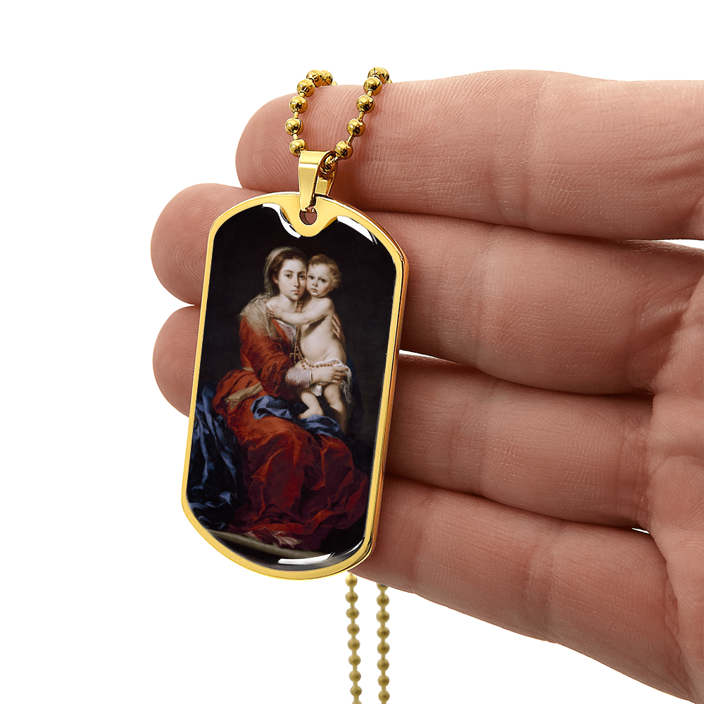 Our Lady of the Rosary Tag Necklace with Personalized Engraving