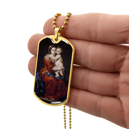Our Lady of the Rosary Tag Necklace with Personalized Engraving