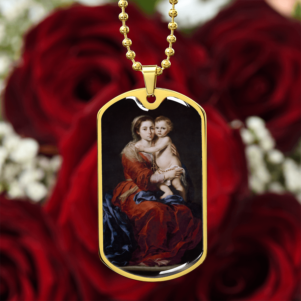 Our Lady of the Rosary Tag Necklace with Personalized Engraving