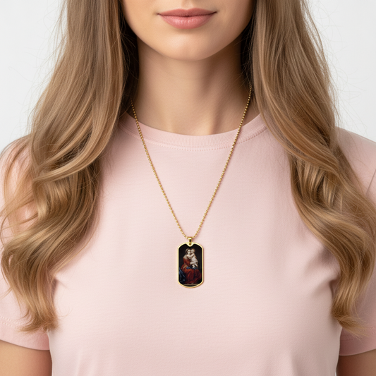 Our Lady of the Rosary Tag Necklace with Personalized Engraving