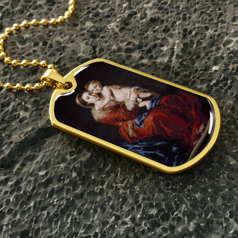 Our Lady of the Rosary Tag Necklace with Personalized Engraving