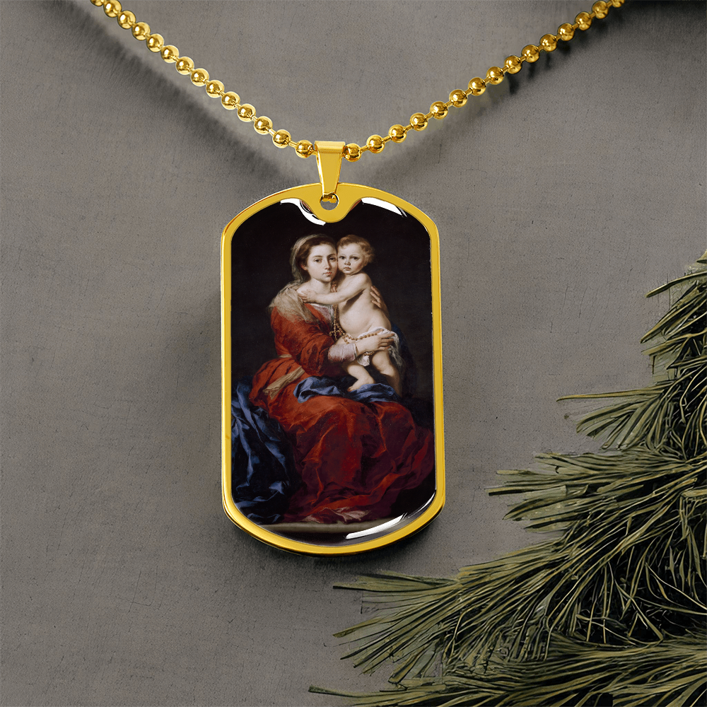 Our Lady of the Rosary Tag Necklace with Personalized Engraving