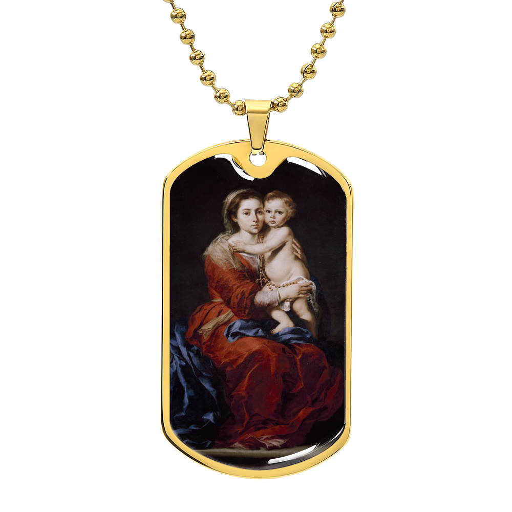 Our Lady of the Rosary Tag Necklace with Personalized Engraving