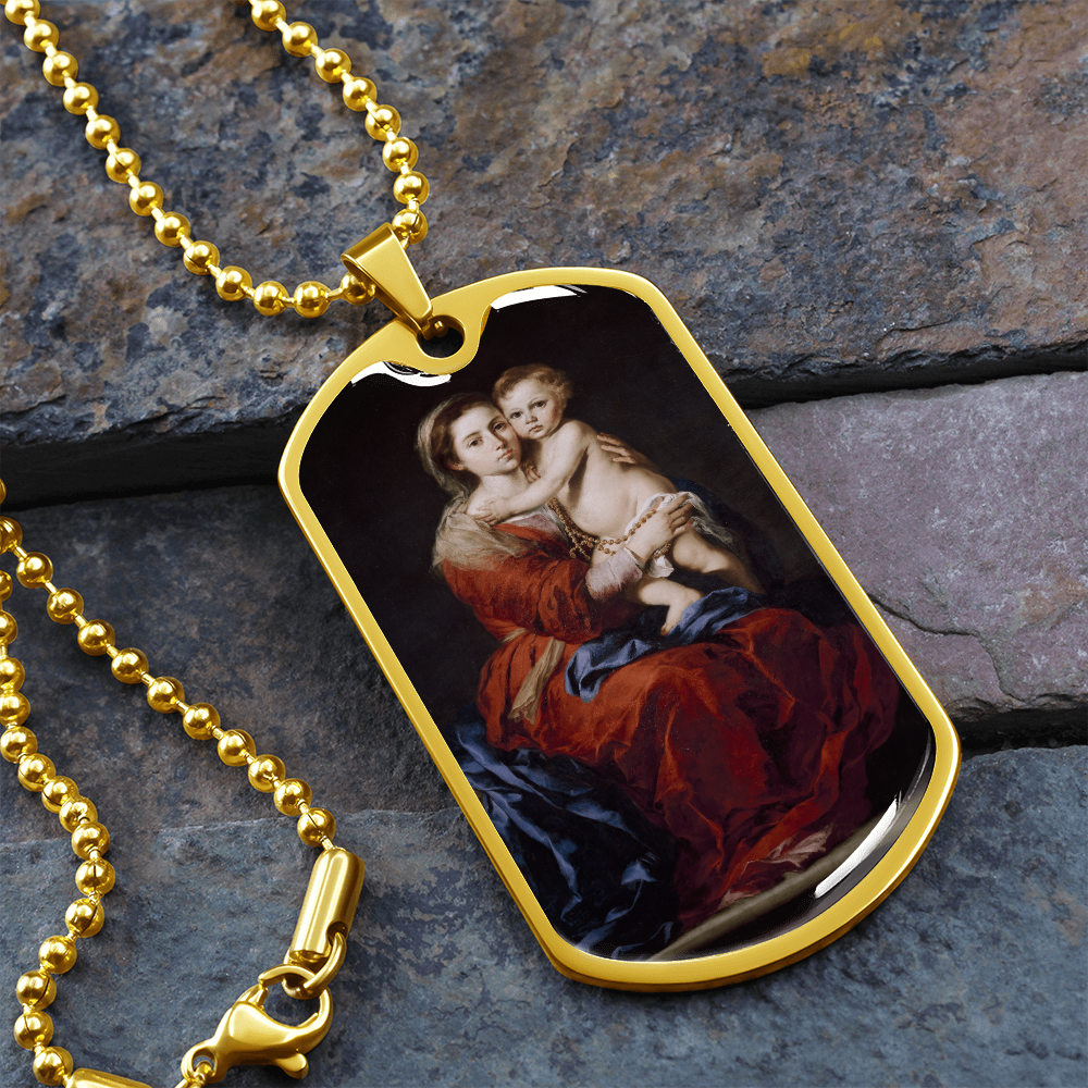 Our Lady of the Rosary Tag Necklace with Personalized Engraving