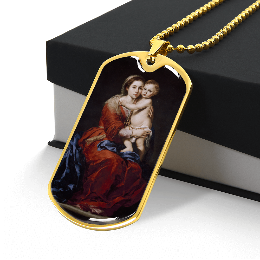 Our Lady of the Rosary Tag Necklace with Personalized Engraving