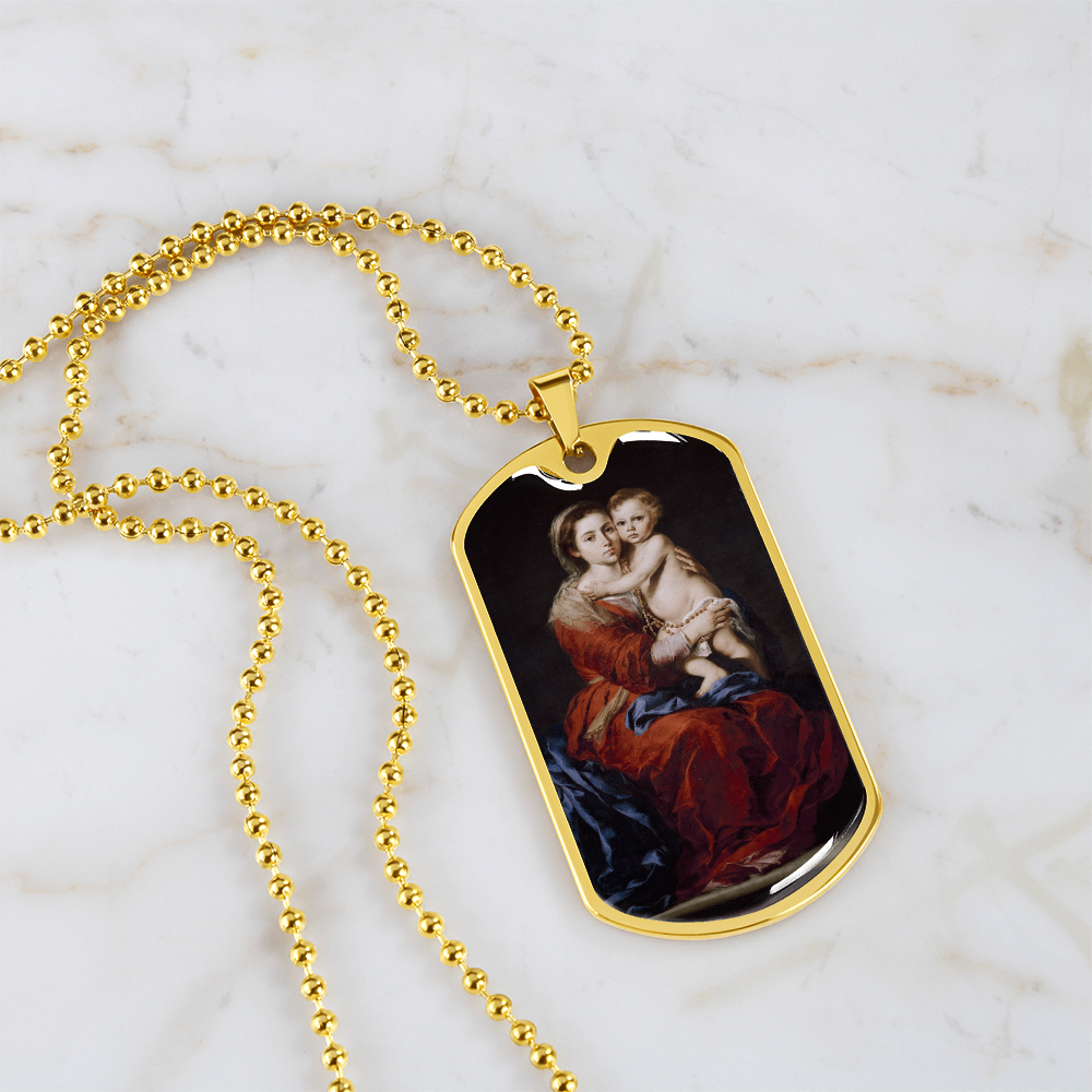 Our Lady of the Rosary Tag Necklace with Personalized Engraving