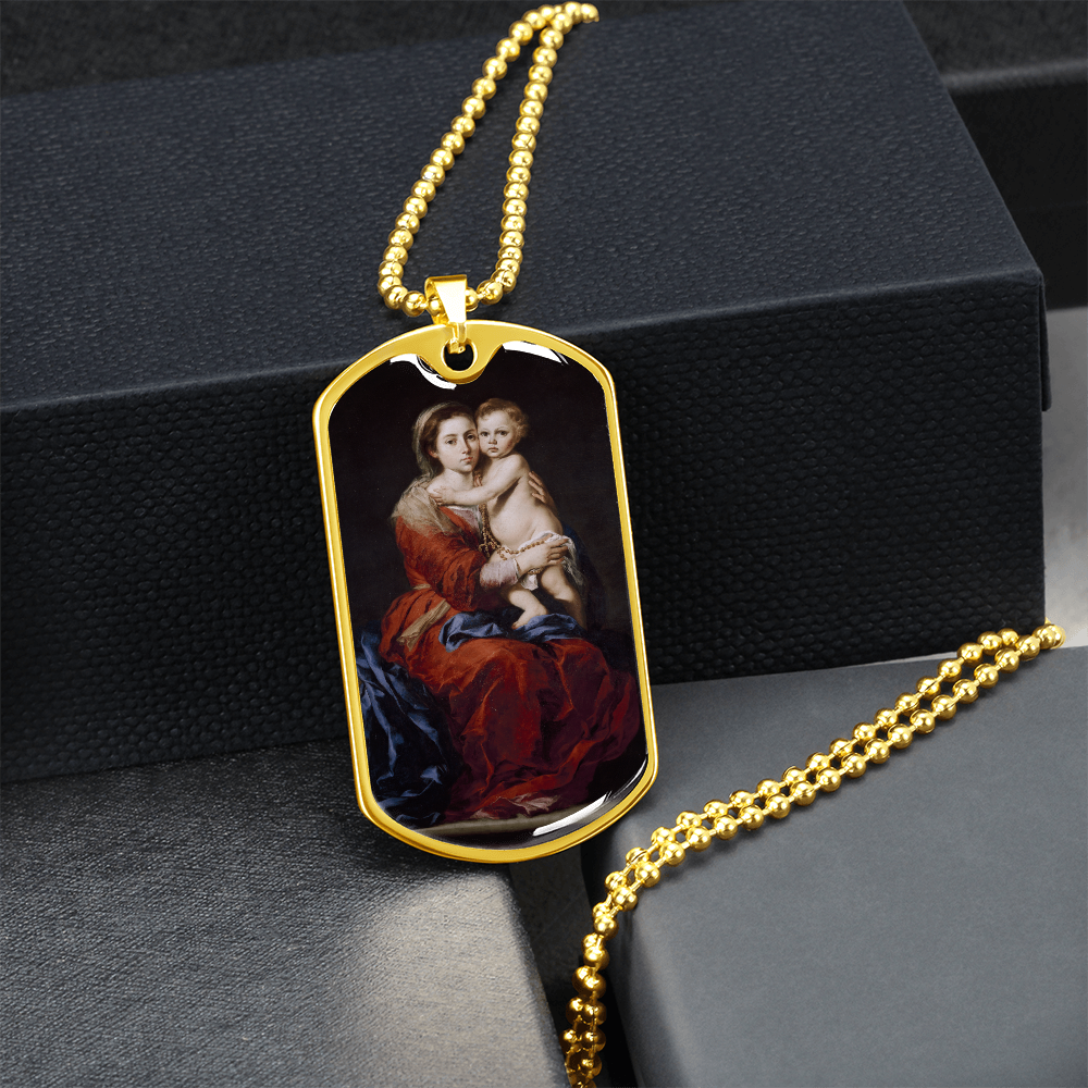 Our Lady of the Rosary Tag Necklace with Personalized Engraving