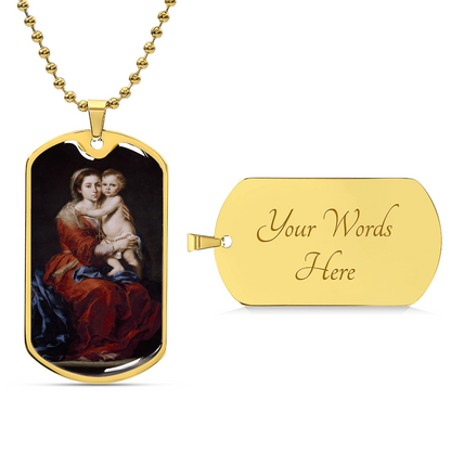Our Lady of the Rosary Tag Necklace with Personalized Engraving