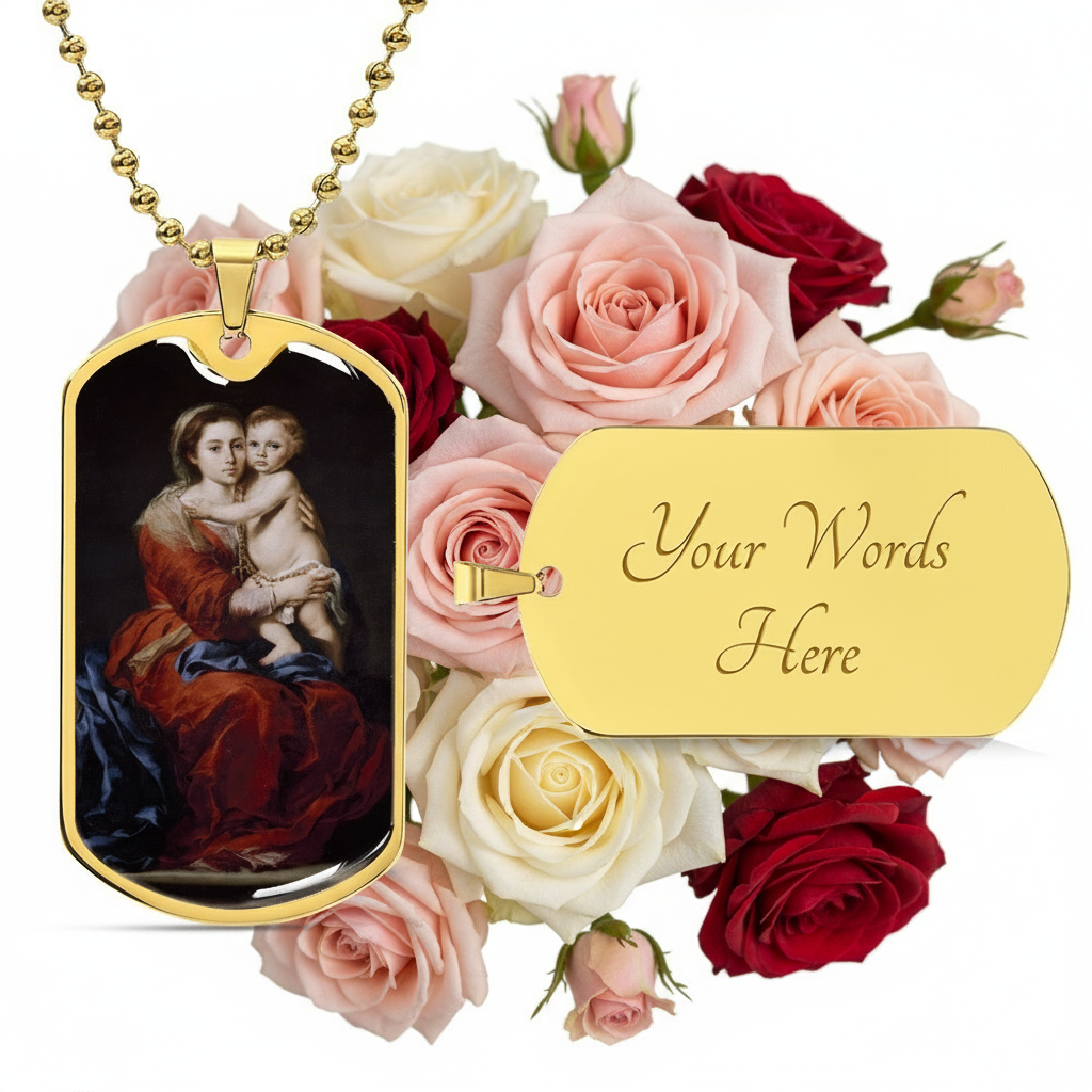 Our Lady of the Rosary Tag Necklace with Personalized Engraving