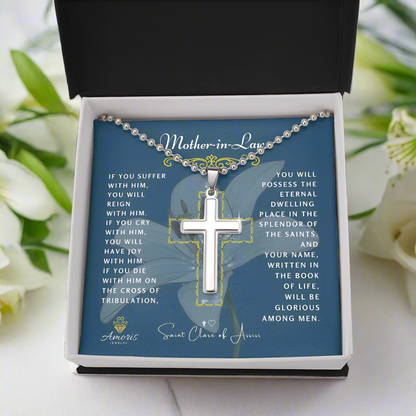 Mother-in-Law Cross Necklace with Saint Clare of Assisi Quote