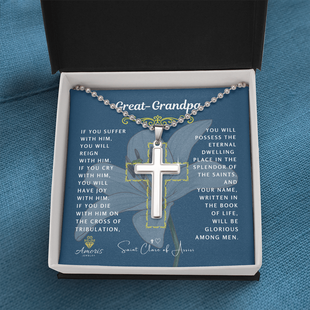 Great-Grandpa Cross Necklace with Saint Clare of Assisi Quote