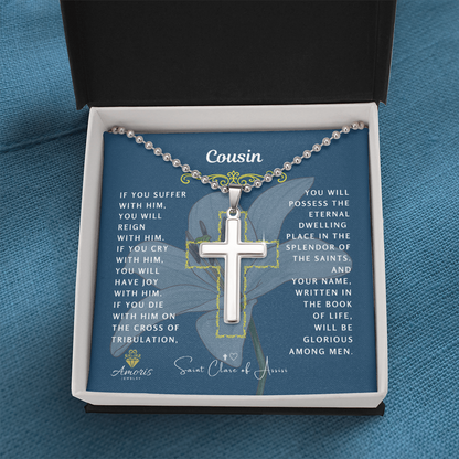 Collar de cruz de primo (masculino) con cita de Santa Clara de Asís