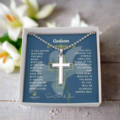 Godson Cross Necklace with Saint Clare of Assisi Quote