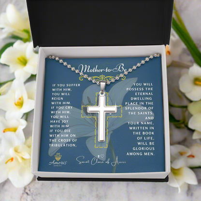 Mother-to-Be Cross Necklace with Saint Clare of Assisi Quote