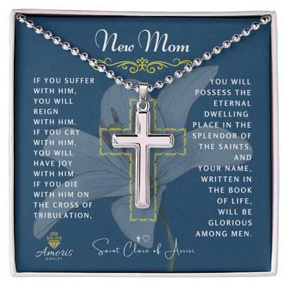 New Mom Cross Necklace with Saint Clare of Assisi Quote