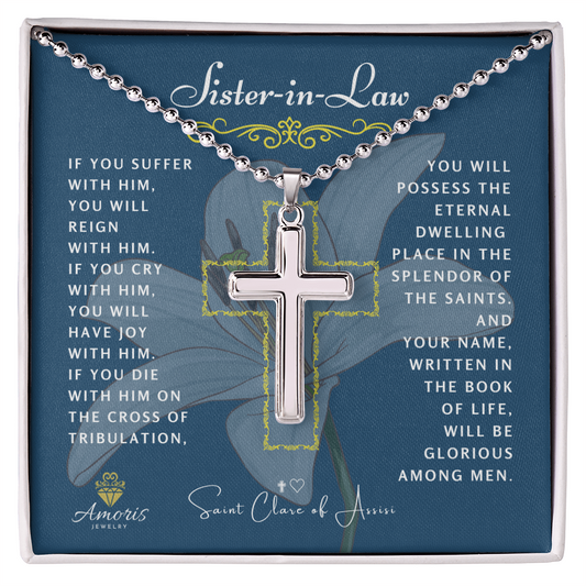 Sister-in-Law Cross Necklace with Saint Clare of Assisi Quote