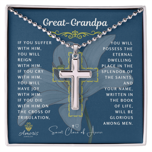 Great-Grandpa Cross Necklace with Saint Clare of Assisi Quote