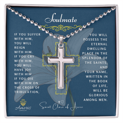 Soulmate Cross Necklace with Saint Clare of Assisi Quote