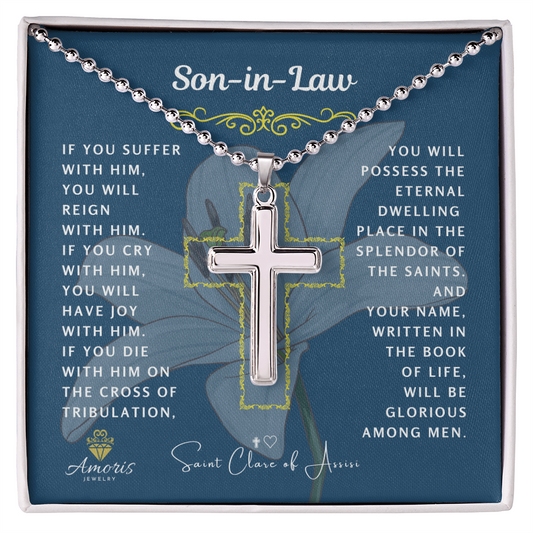 Son-in-Law Cross Necklace with Saint Clare of Assisi Quote