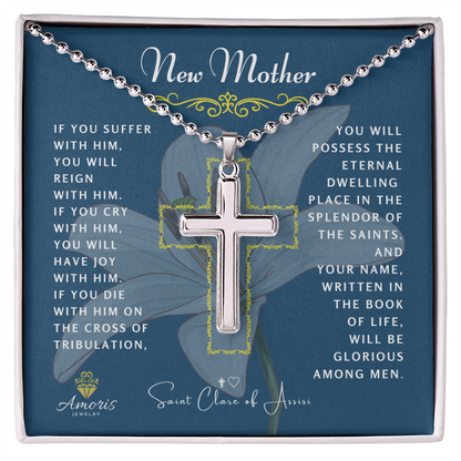 New Mother Cross Necklace with Saint Clare of Assisi Quote