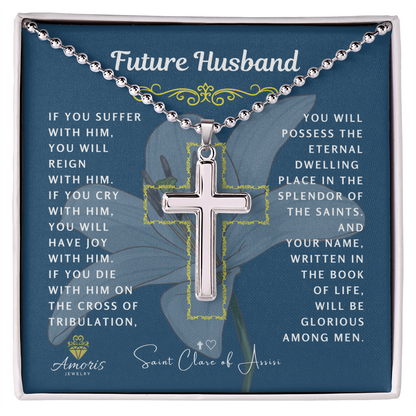 Collier croix pour futur mari avec citation de Sainte Claire d'Assise