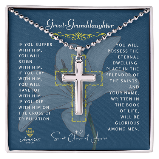 Collar de cruz de bisnieta con cita de Santa Clara de Asís