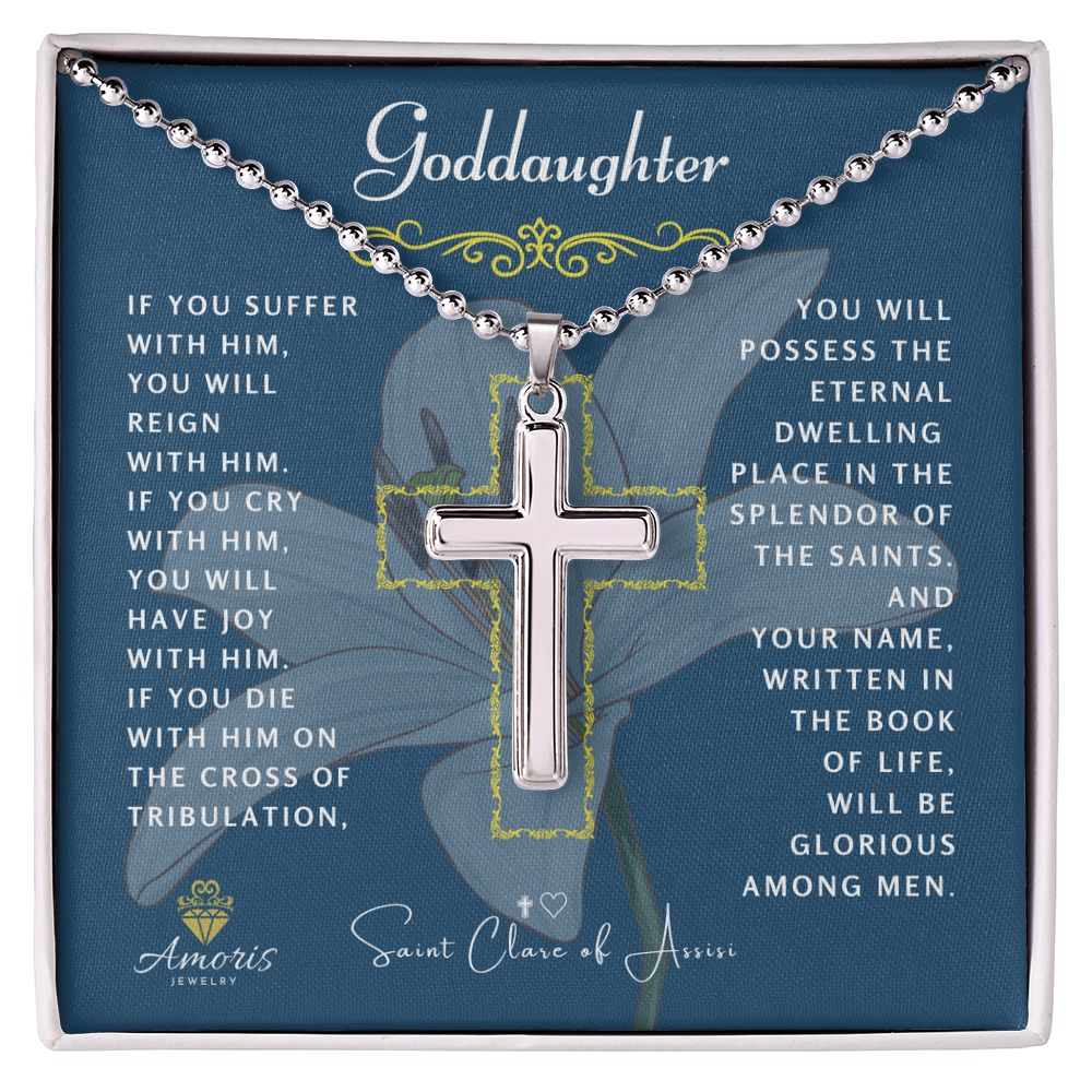 Goddaughter Cross Necklace with Saint Clare of Assisi Quote