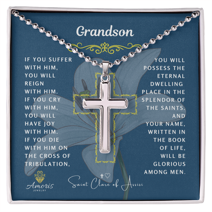 Grandson Cross Necklace with Saint Clare of Assisi Quote