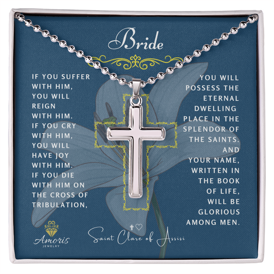 Bride Cross Necklace with Saint Clare of Assisi Quote