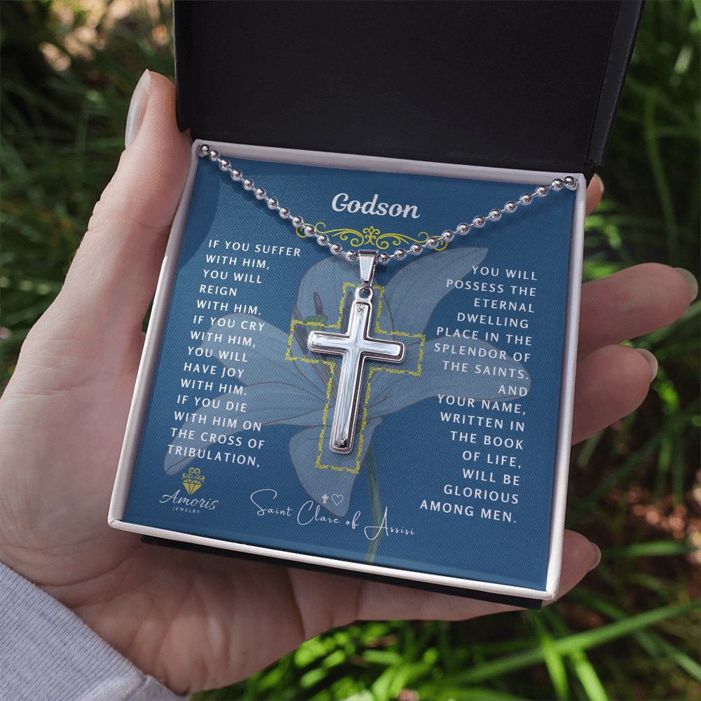 Godson Cross Necklace with Saint Clare of Assisi Quote
