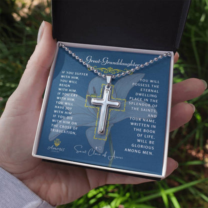 Great-Granddaughter Cross Necklace with Saint Clare of Assisi Quote