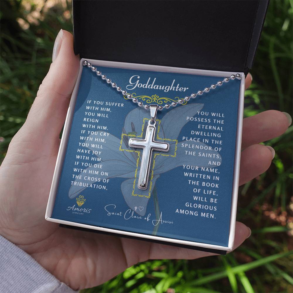 Goddaughter Cross Necklace with Saint Clare of Assisi Quote
