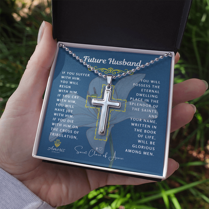 Collier croix pour futur mari avec citation de Sainte Claire d'Assise