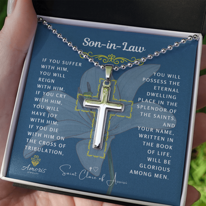 Collar con cruz de yerno y cita de Santa Clara de Asís