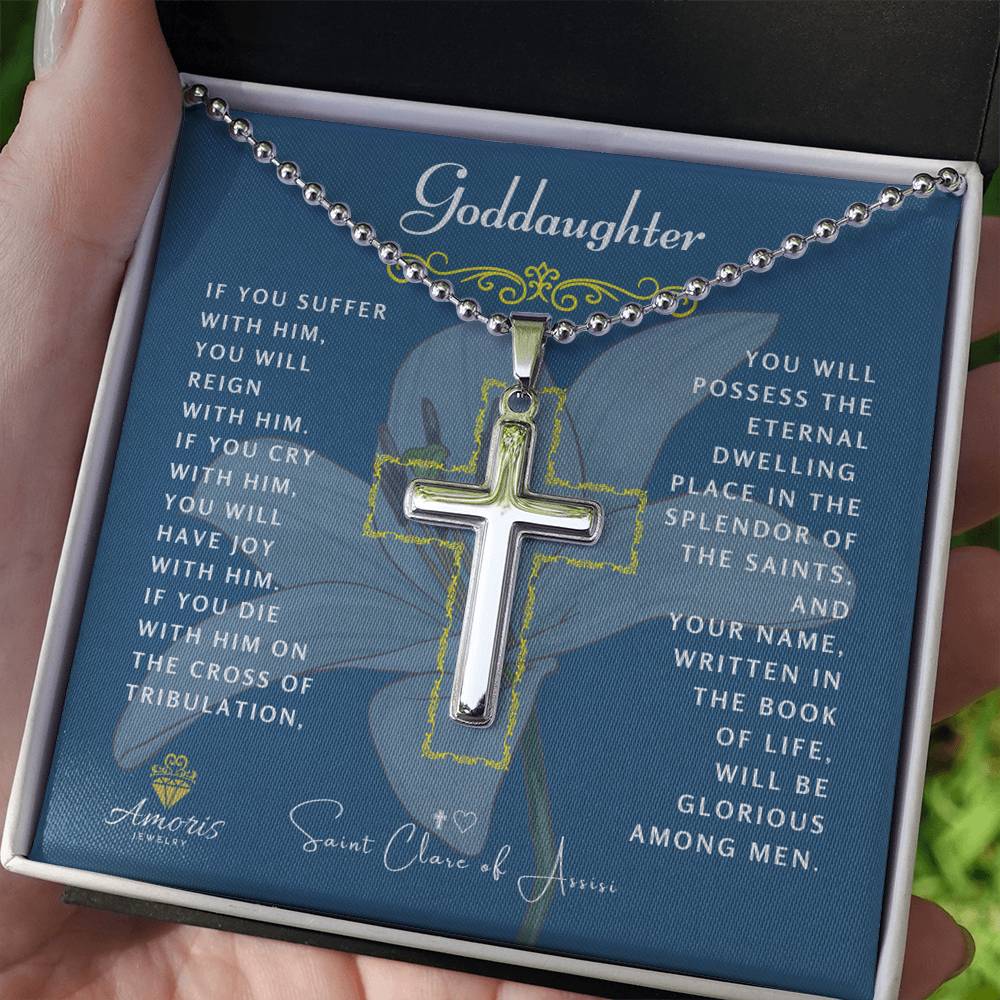Goddaughter Cross Necklace with Saint Clare of Assisi Quote