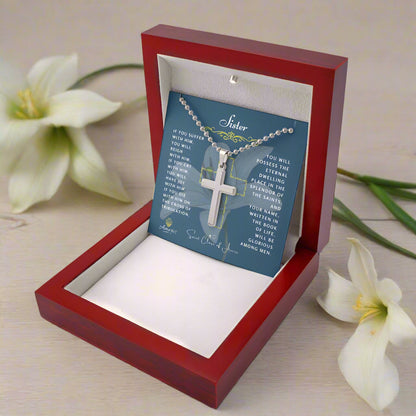 Collier Croix Sœur avec citation de Sainte Claire d'Assise