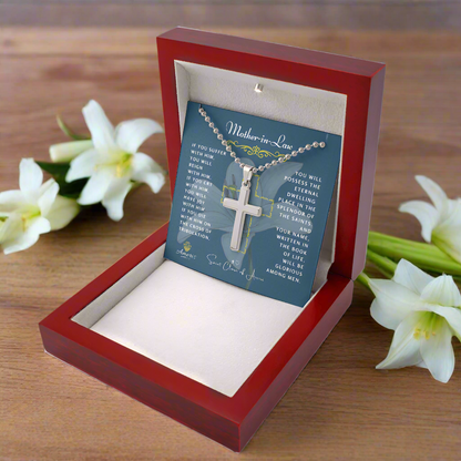 Mother-in-Law Cross Necklace with Saint Clare of Assisi Quote