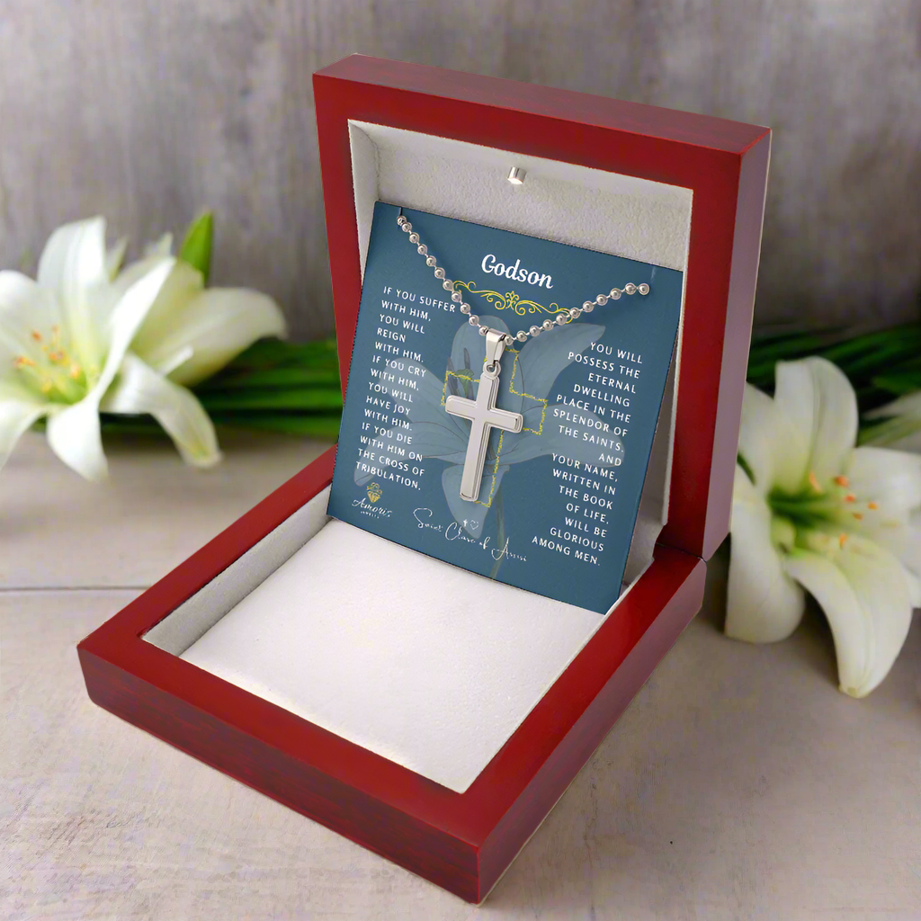 Godson Cross Necklace with Saint Clare of Assisi Quote