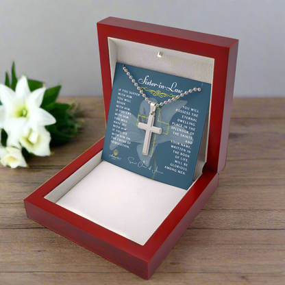 Sister-in-Law Cross Necklace with Saint Clare of Assisi Quote