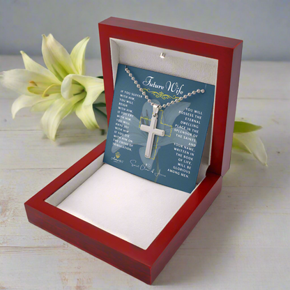 Collar con cruz de futura esposa y cita de Santa Clara de Asís