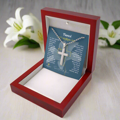 Fiancé Cross Necklace with Saint Clare of Assisi Quote