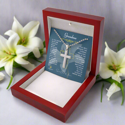 Grandma Cross Necklace with Saint Clare of Assisi Quote