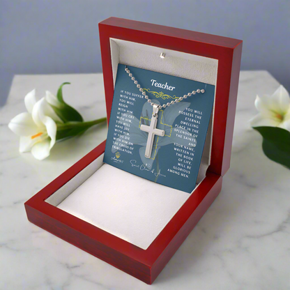 Teacher (Male) Cross Necklace with Saint Clare of Assisi Quote