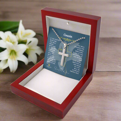 Collar de cruz de primo (masculino) con cita de Santa Clara de Asís