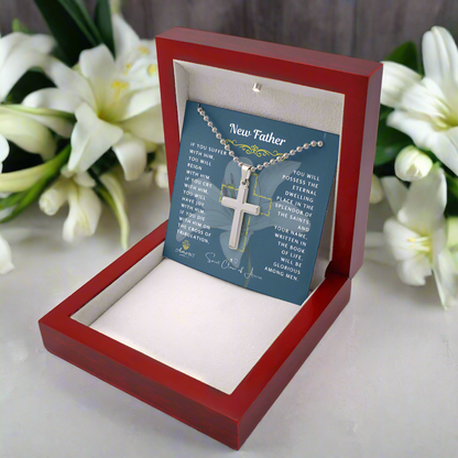 New Father Cross Necklace with Saint Clare of Assisi Quote