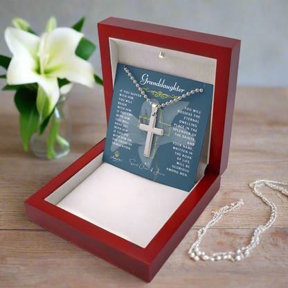 Granddaughter Cross Necklace with Saint Clare of Assisi Quote