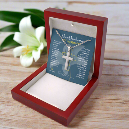 Great-Grandmother Cross Necklace with Saint Clare of Assisi Quote