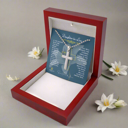 Daughter-in-Law Cross Necklace with Saint Clare of Assisi Quote