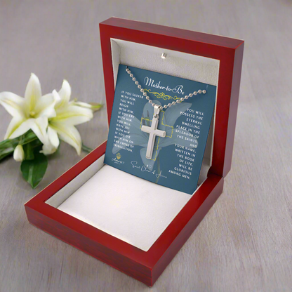 Mother-to-Be Cross Necklace with Saint Clare of Assisi Quote