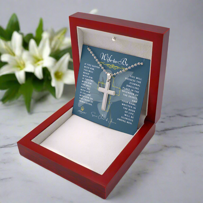 Wife-to-Be Cross Necklace with Saint Clare of Assisi Quote